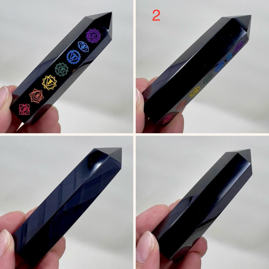 Black Obsidian Points With Chakra Print Crystal Generators YOU CHOOSE