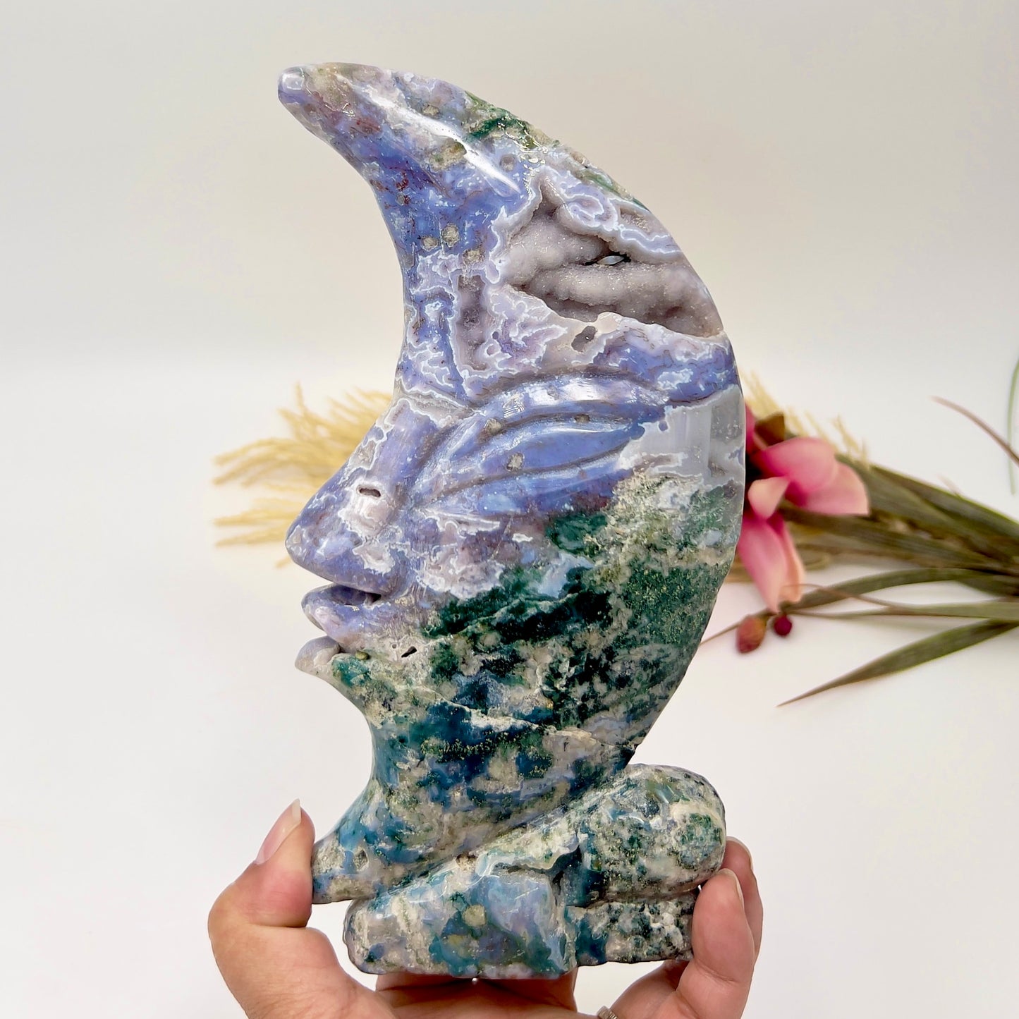 Moss Agate Moon Purple Chalcedony Rare Druzy Crystal Carving 844g 205mm