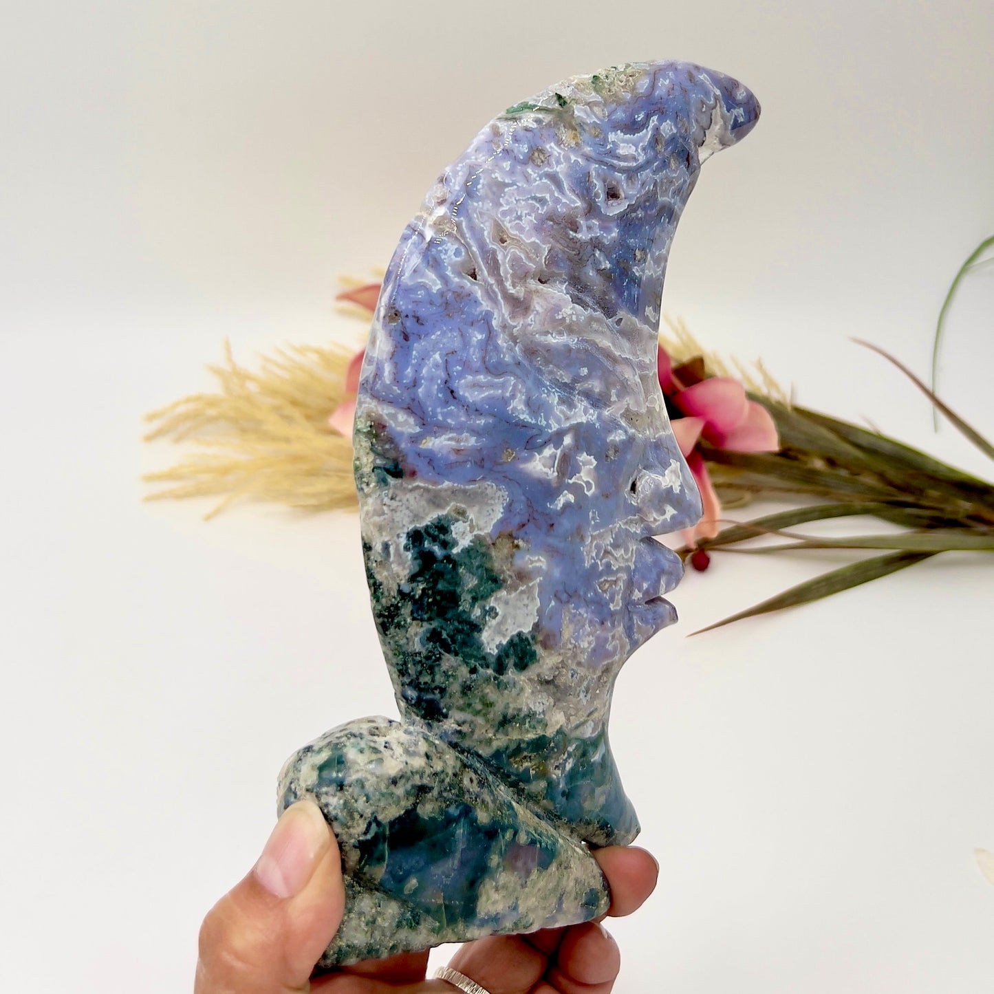 Moss Agate Moon Purple Chalcedony Rare Druzy Crystal Carving 844g 205mm