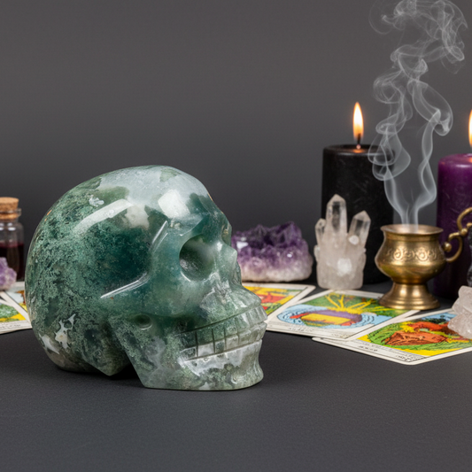 Moss Agate Skull Healing Crystal Carving 413g