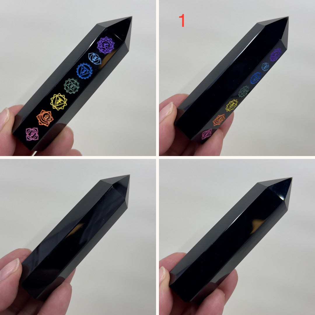 Black Obsidian Points With Chakra Print Crystal Generators YOU CHOOSE