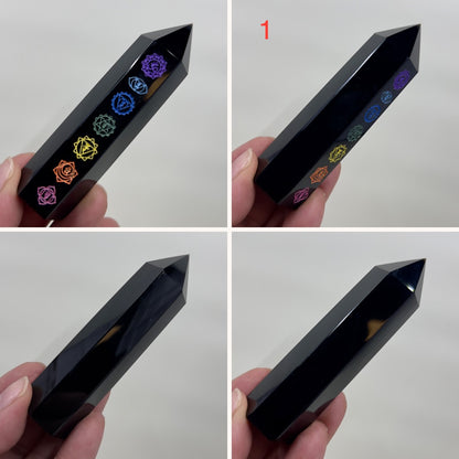 Black Obsidian Points With Chakra Print Crystal Generators YOU CHOOSE