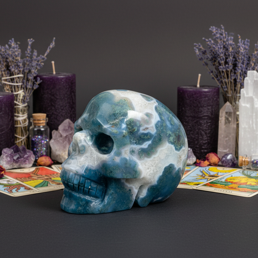 Moss Agate Skull Healing Crystal Carving 877g