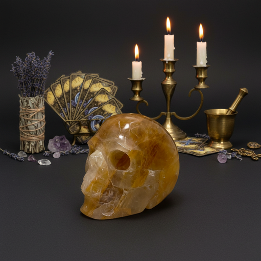 Golden Healer Quartz Skull Healing Crystal Carving 994g