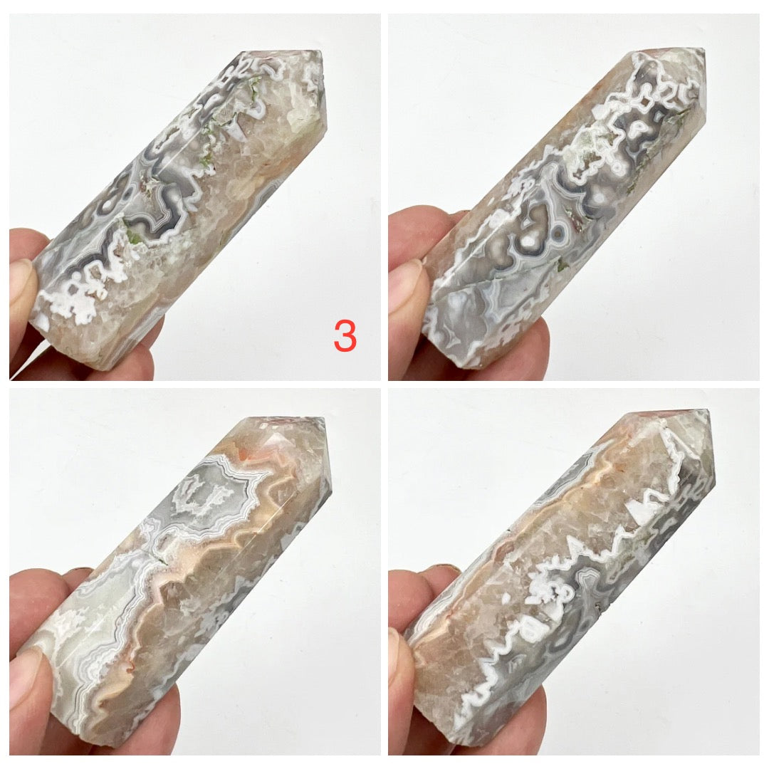 White Mexican Crazy Lace Agate Points Towers Crystal Generators YOU CHOOSE