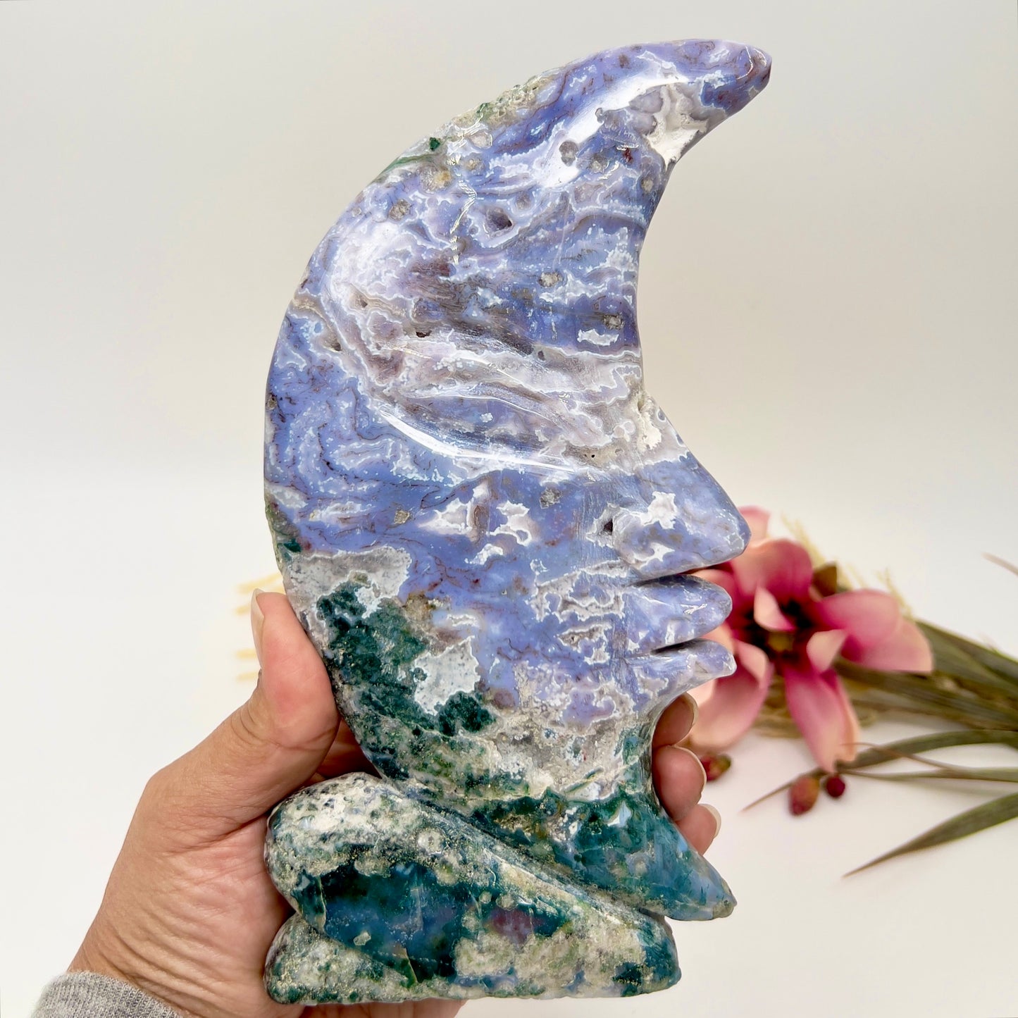 Moss Agate Moon Purple Chalcedony Rare Druzy Crystal Carving 844g 205mm
