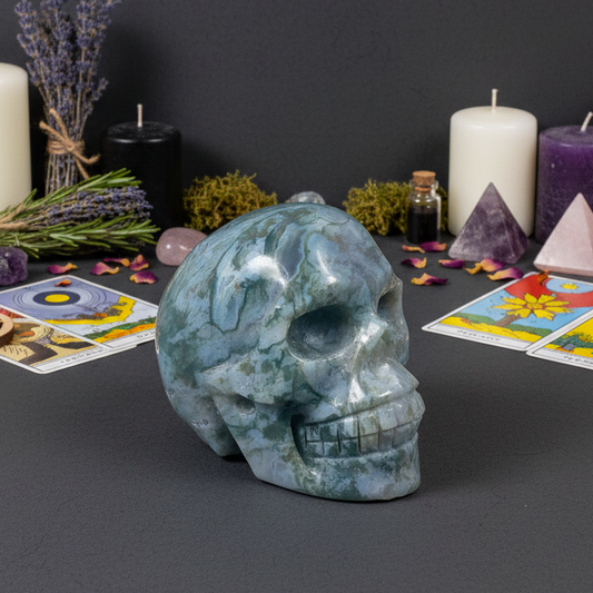 Moss Agate Skull Healing Crystal Carving 458g