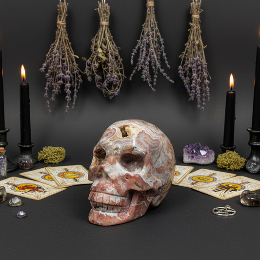 Mexican Crazy Lace Agate Skull Healing Crystal Carving 900g