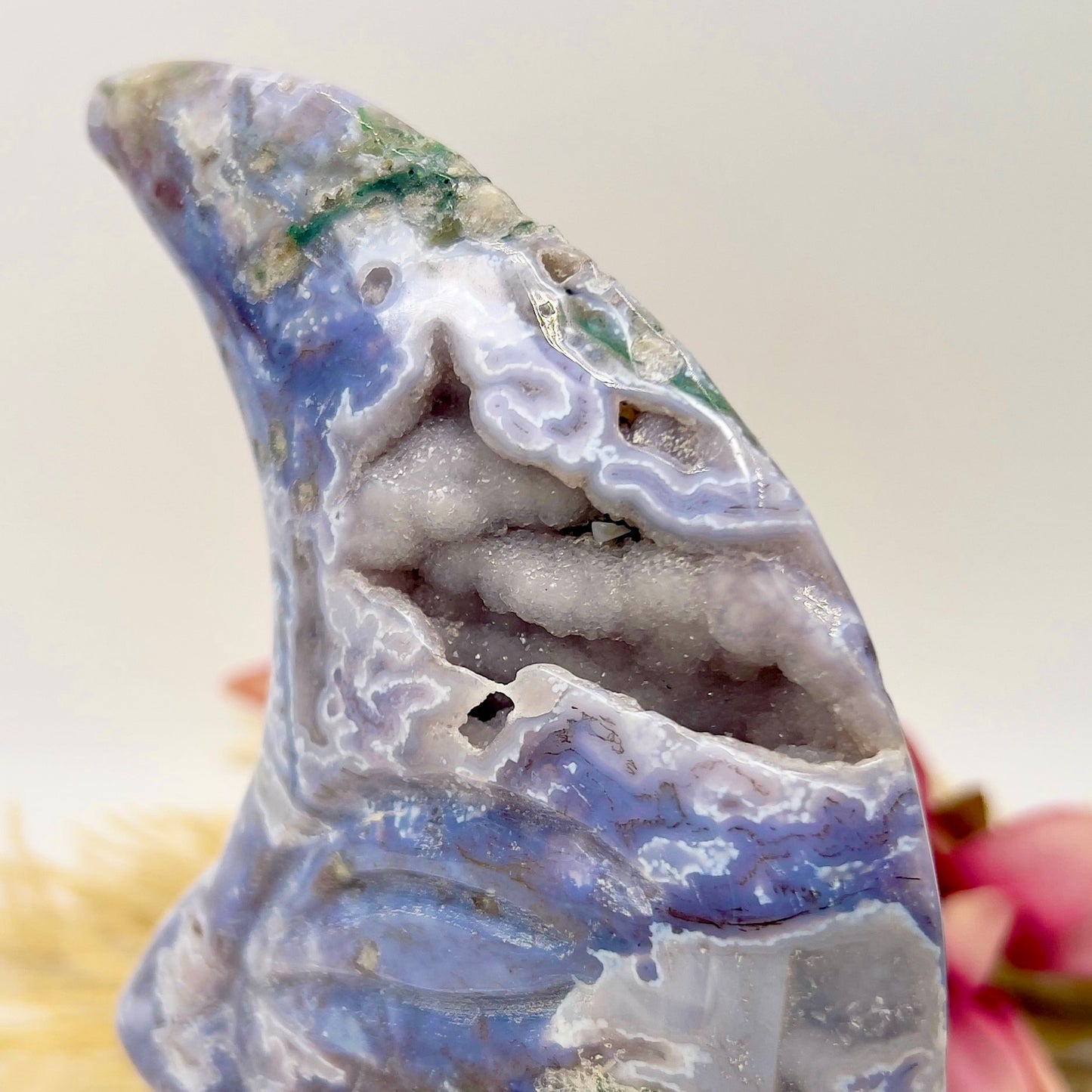Moss Agate Moon Purple Chalcedony Rare Druzy Crystal Carving 844g 205mm