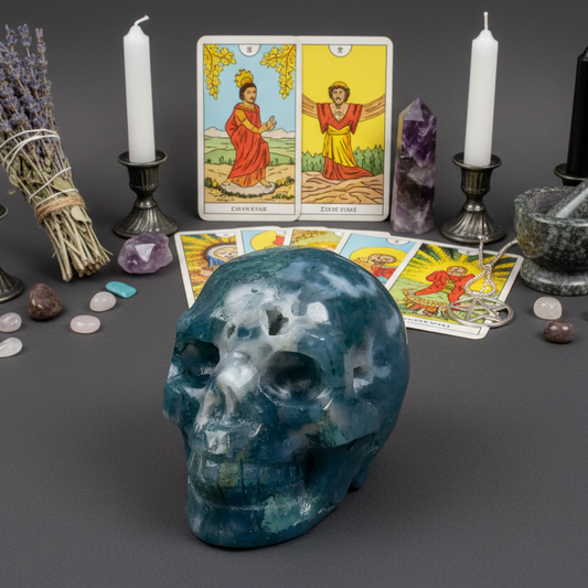 Moss Agate Skull Healing Crystal Carving 647g