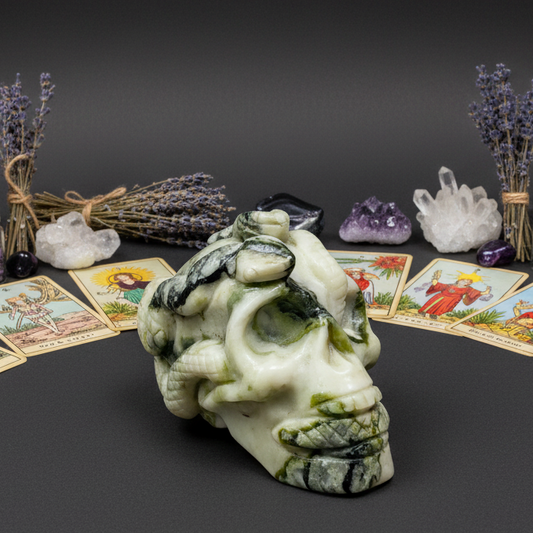 Jade Snakes on Skull Healing Crystal Carving 585g