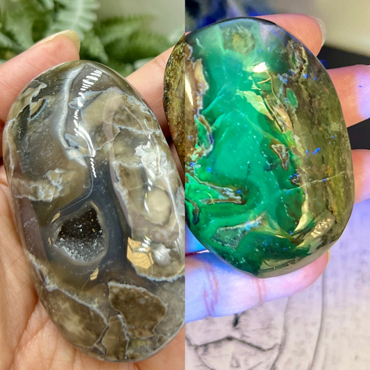 Volcanic Agate Quartz Palm Stones UV Reactive Crystals YOU CHOOSE
