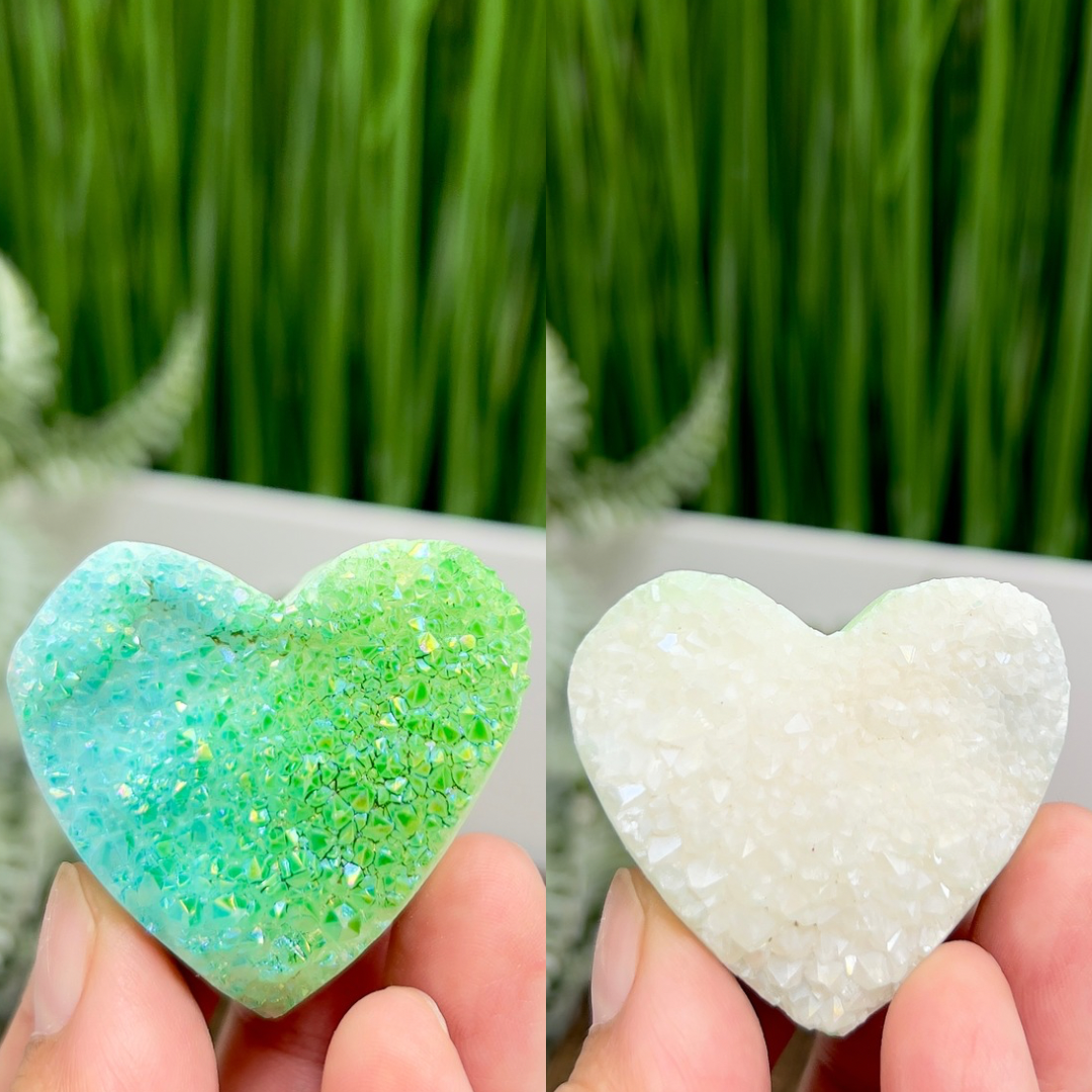 Quartz Heart Double Sided with Blue Green Angel Aura Crystal Carving 72g