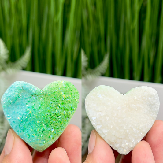 Quartz Heart Double Sided with Blue Green Angel Aura Crystal Carving 72g