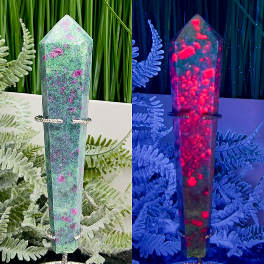 Ruby in Fuchsite UV Reactive Crystal Wand in Stand Generator 264g 165mm
