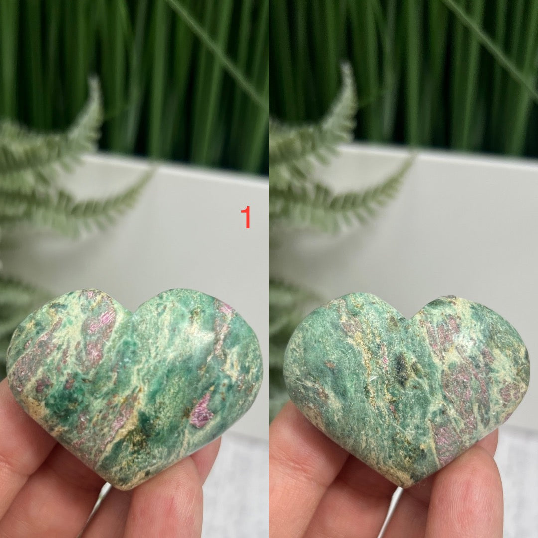 Ruby in Fuchsite Hearts UV Reactive Crystal Carvings YOU CHOOSE
