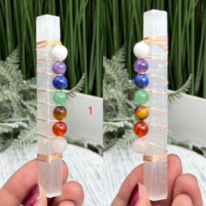 Satin Spar Selenite Sticks Wands with Crystal Chakra Beads Morocco YOU CHOOSE