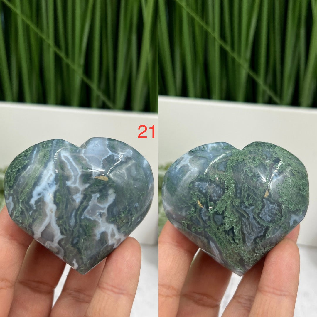 Moss Agate Hearts Crystal Carvings YOU CHOOSE