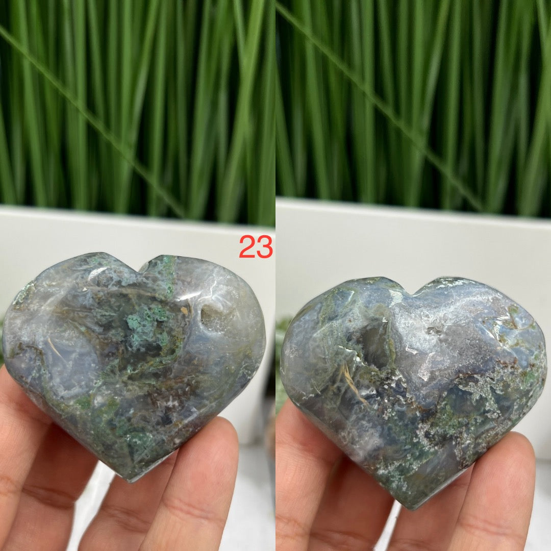 Moss Agate Hearts Crystal Carvings YOU CHOOSE