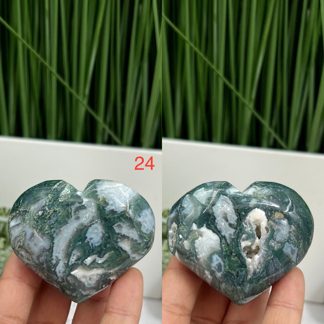 Moss Agate Hearts Crystal Carvings YOU CHOOSE