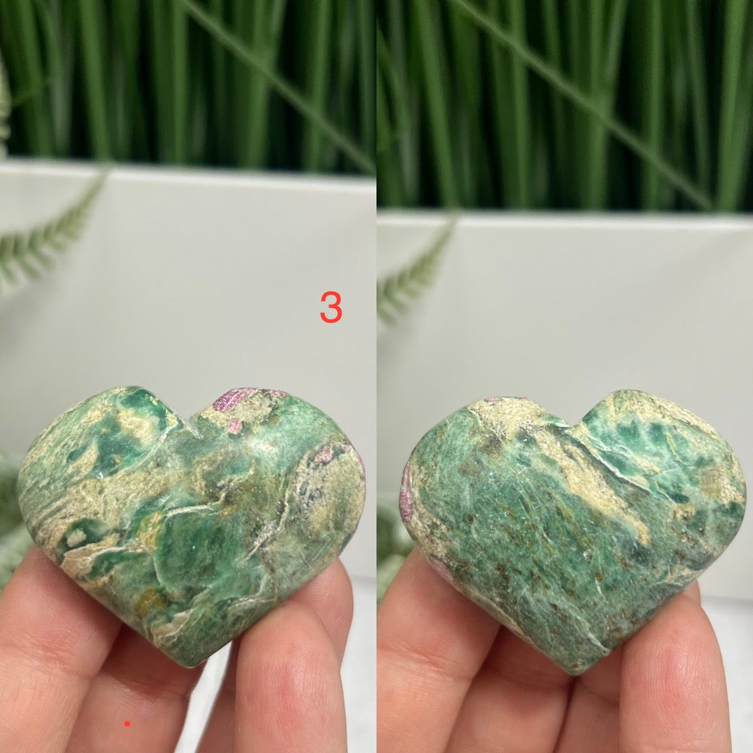 Ruby in Fuchsite Hearts UV Reactive Crystal Carvings YOU CHOOSE