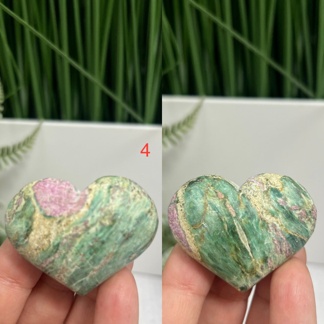 Ruby in Fuchsite Hearts UV Reactive Crystal Carvings YOU CHOOSE