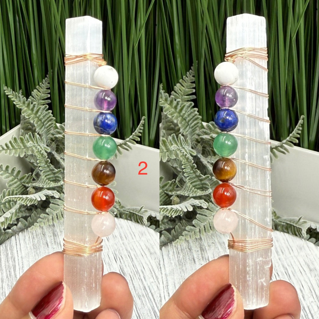 Satin Spar Selenite Sticks Wands with Crystal Chakra Beads Morocco YOU CHOOSE
