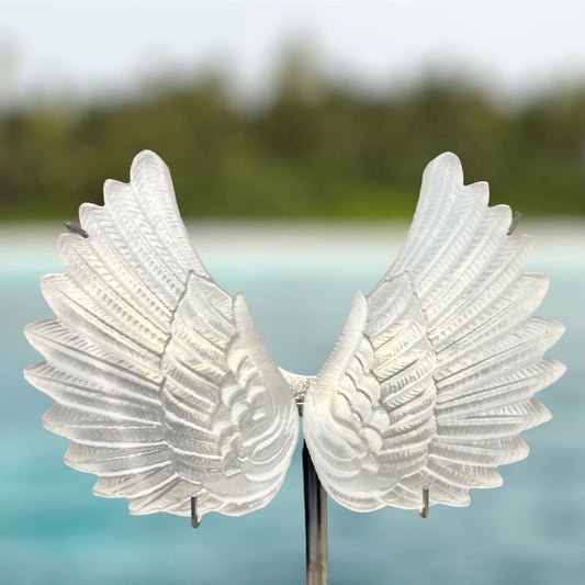 Satin Spar Selenite Angel Wings with Stand Crystal Carving