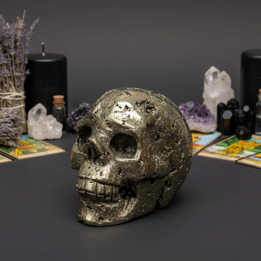 Pyrite Fools Gold Skull Healing Crystal Carving 1026g
