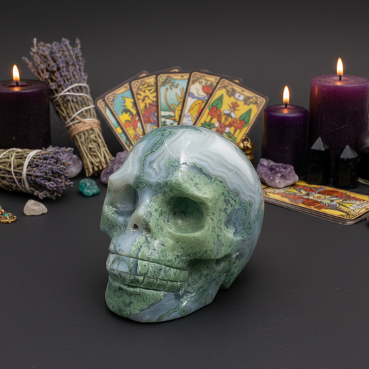 Moss Agate Skull Healing Crystal Carving 428g