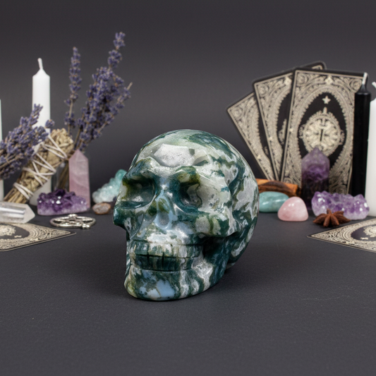 Moss Agate Skull Healing Crystal Carving 537g