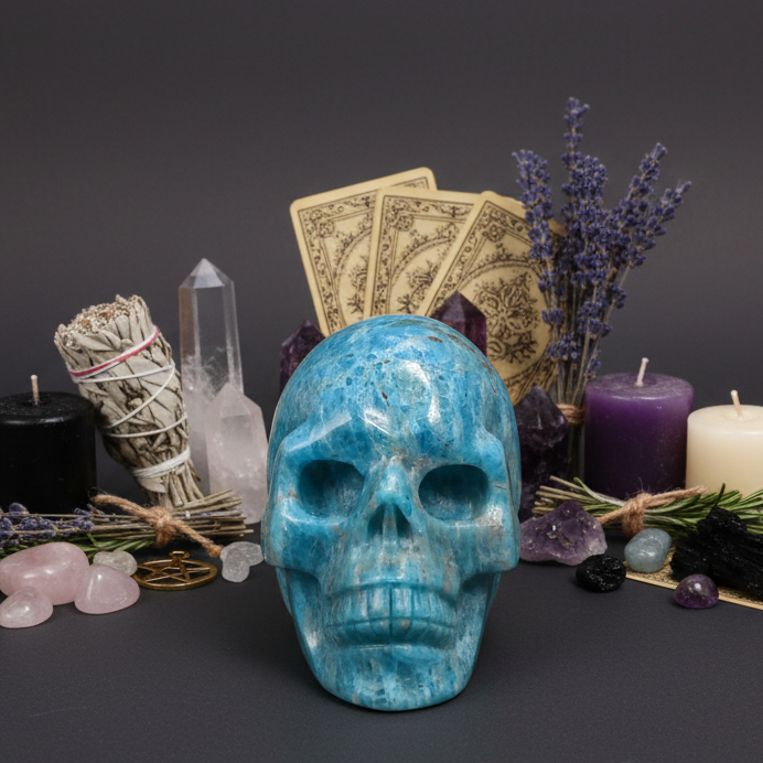 Blue Apatite Skull Healing Crystal Carving 550g