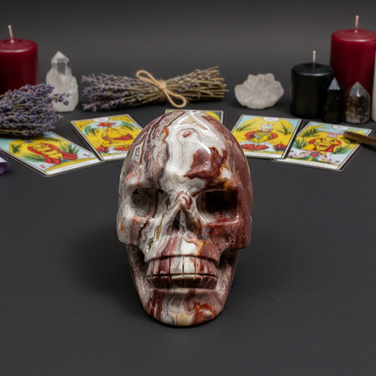 Mexican Crazy Lace Agate Skull Healing Crystal Carving 800g