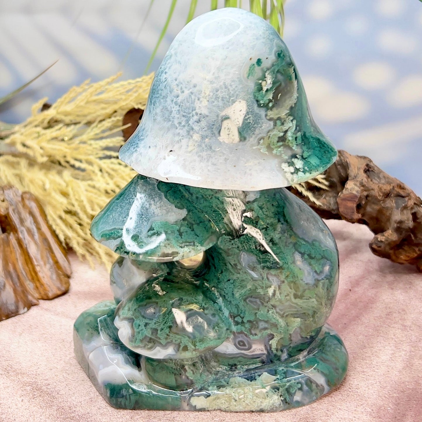 Moss Agate Mushroom Cluster Large Crystal Carving 2190g