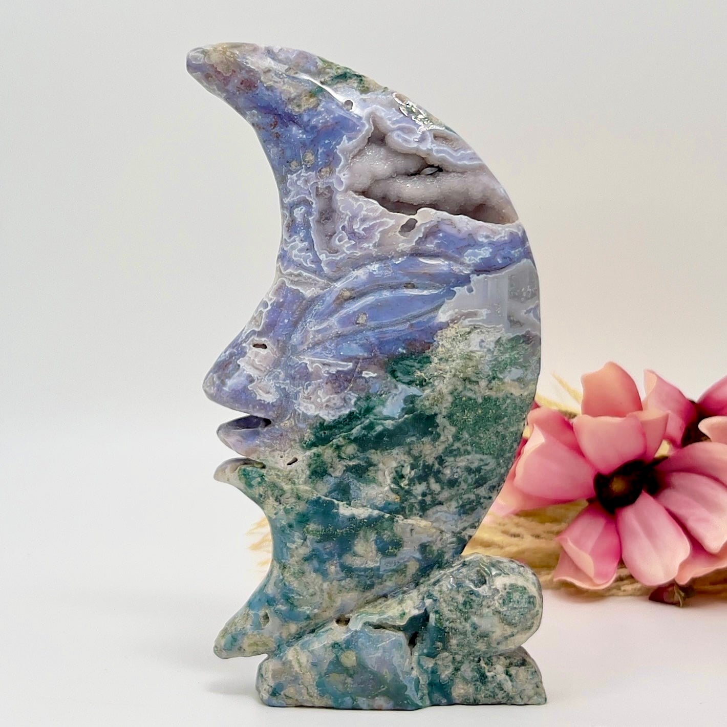 Moss Agate Moon Purple Chalcedony Rare Druzy Crystal Carving 844g 205mm