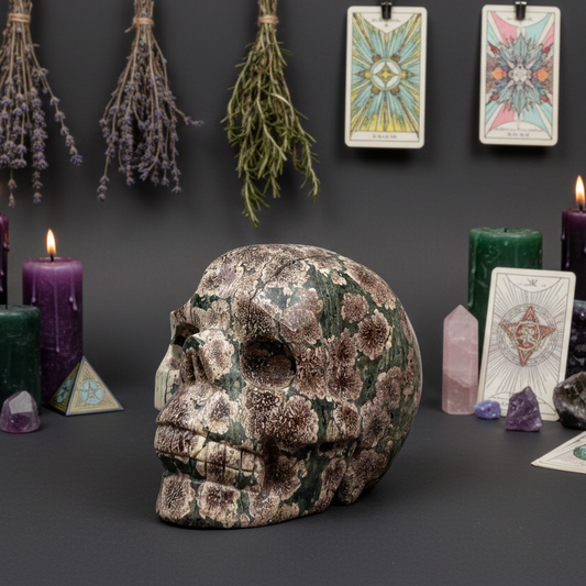 Russian Flower Cherry Blossom Jasper Skull Healing Crystal Carving 764g