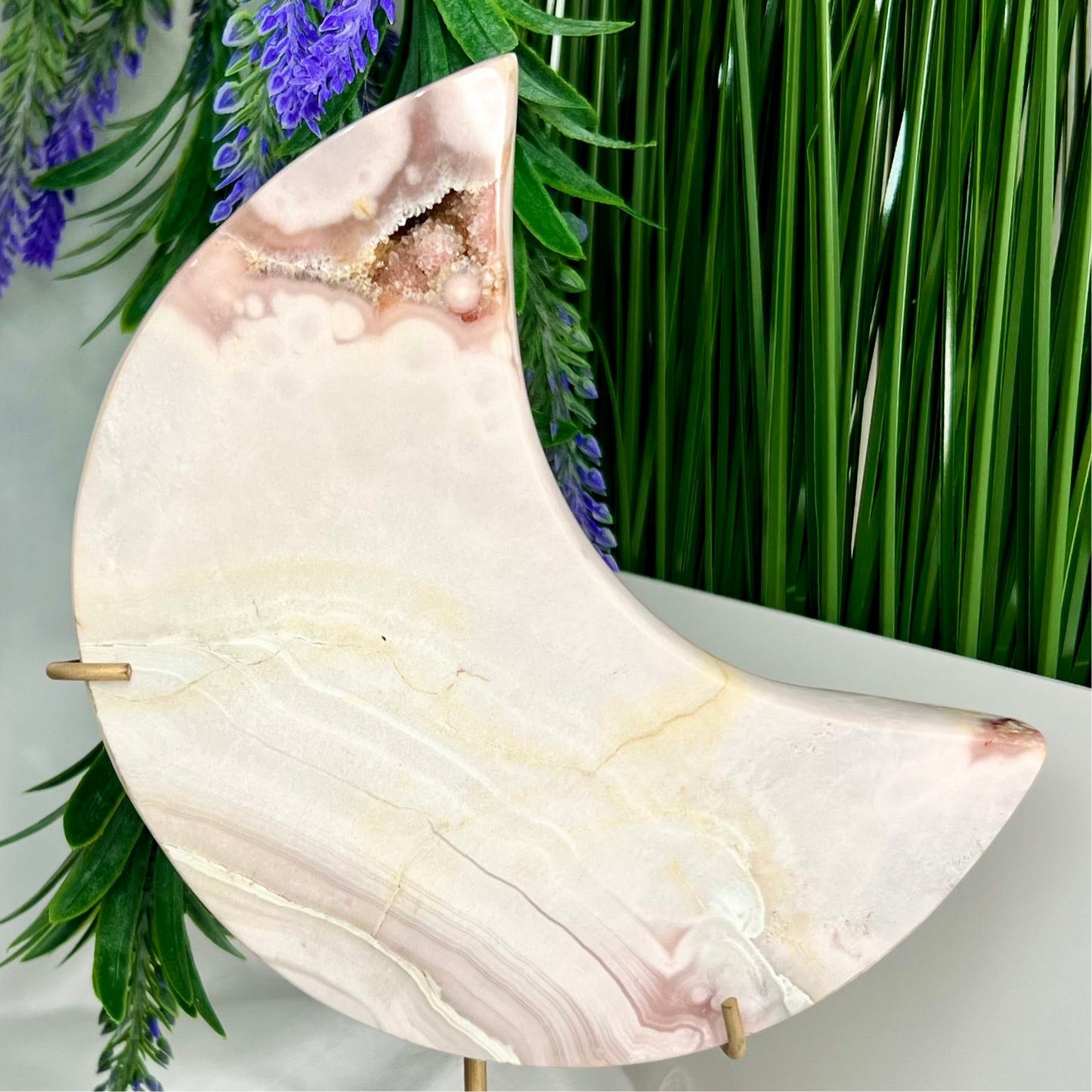 Pink Amethyst Moon Crescent with Stand Crystal Carving 1132g