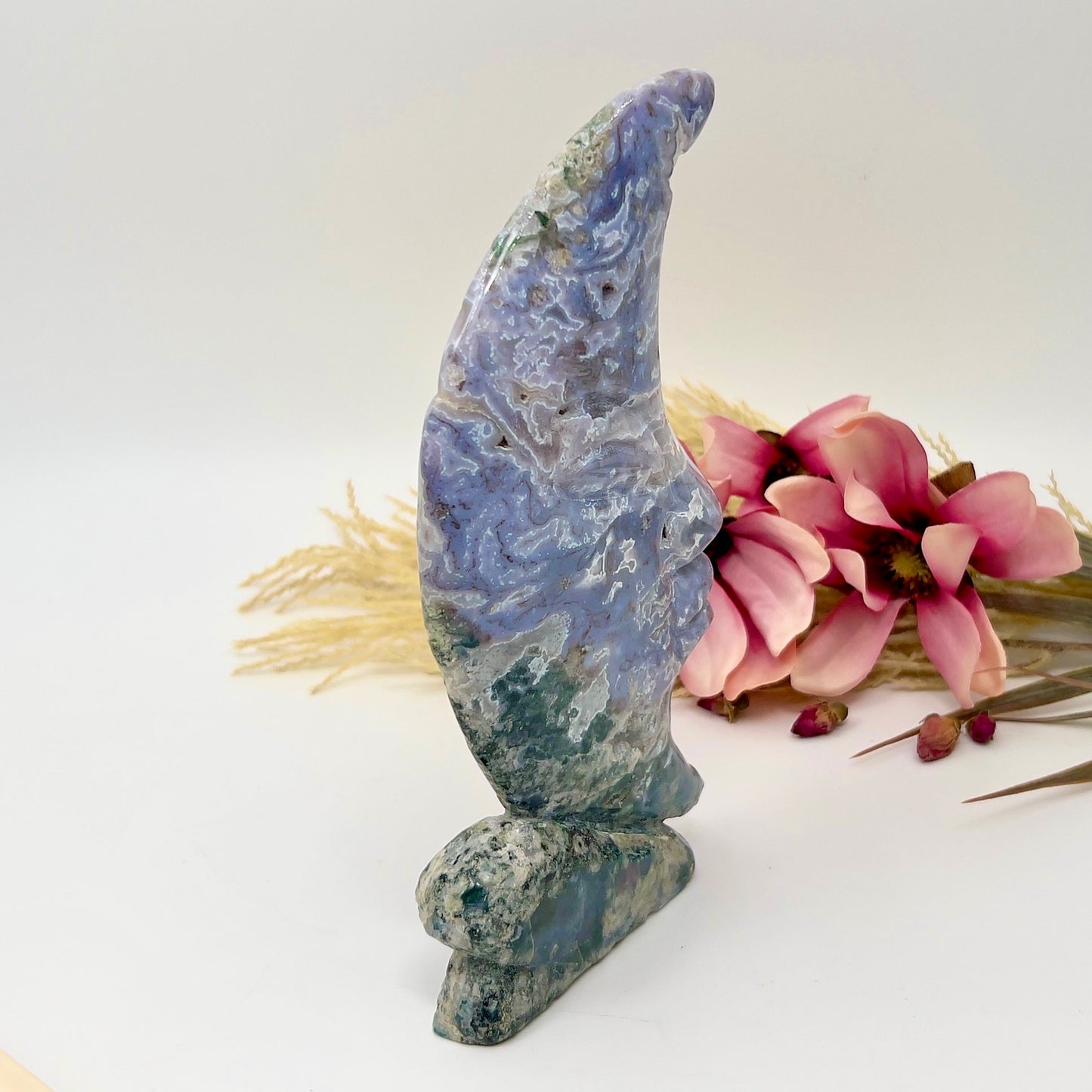 Moss Agate Moon Purple Chalcedony Rare Druzy Crystal Carving 844g 205mm