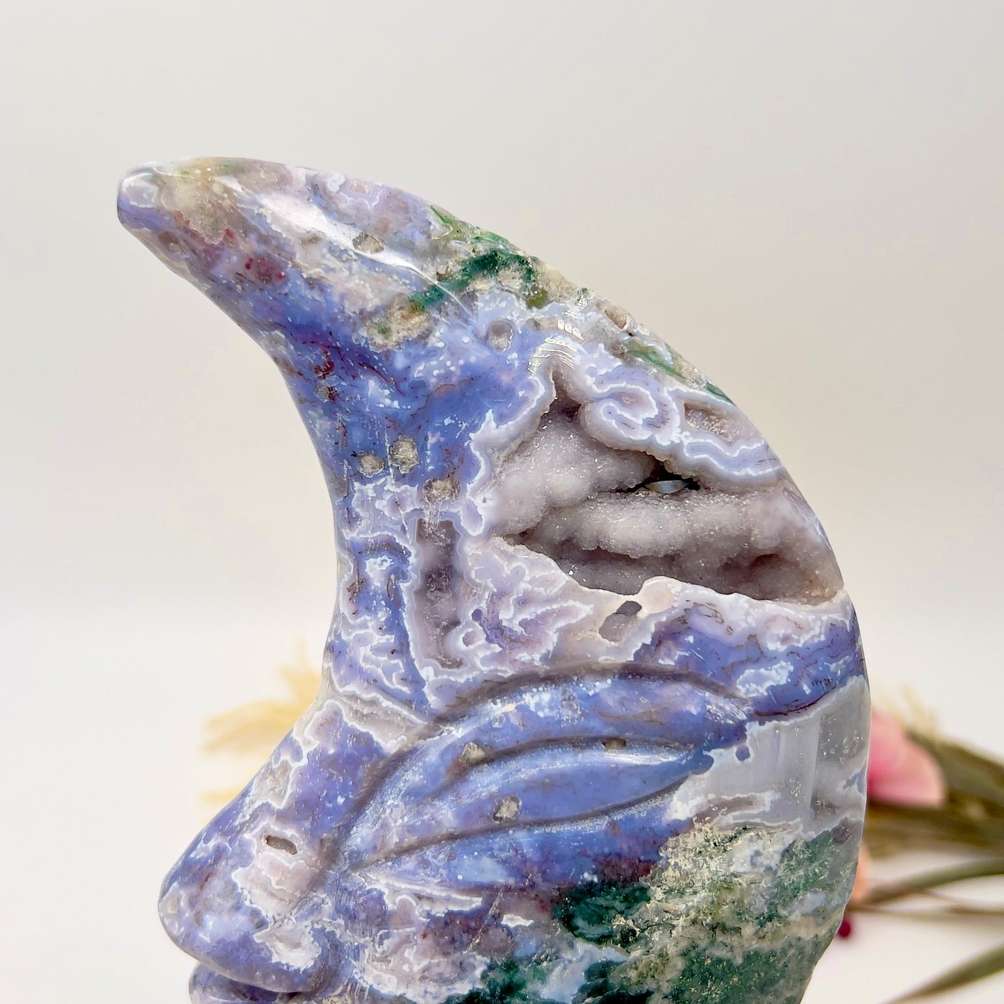 Moss Agate Moon Purple Chalcedony Rare Druzy Crystal Carving 844g 205mm