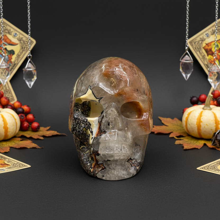 Mosaic Chalcedony Quartz Rare Skull Healing Crystal Carving 869g