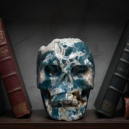 Moss Agate Skull Healing Crystal Carving 1455g