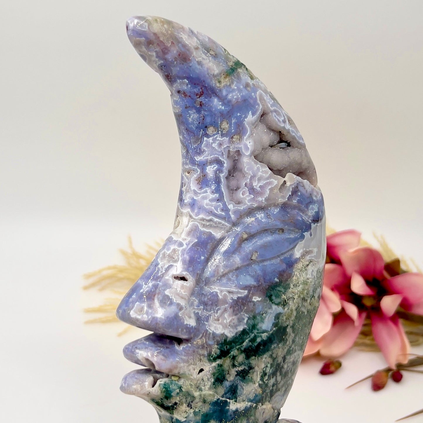 Moss Agate Moon Purple Chalcedony Rare Druzy Crystal Carving 844g 205mm