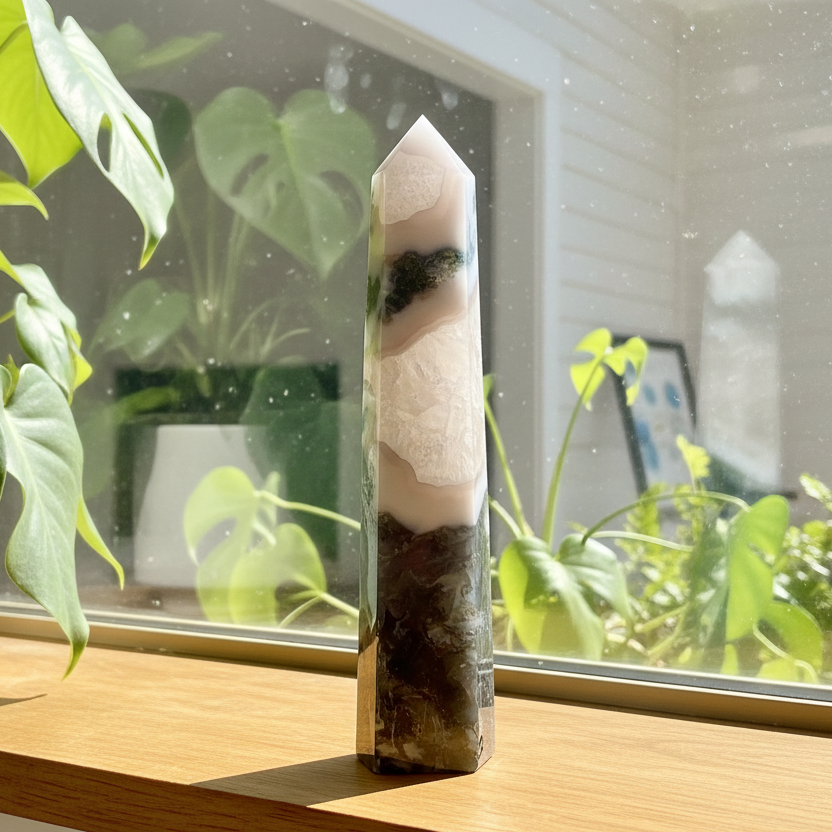 Moss Agate Tower Crystal Generator 322g 168mm