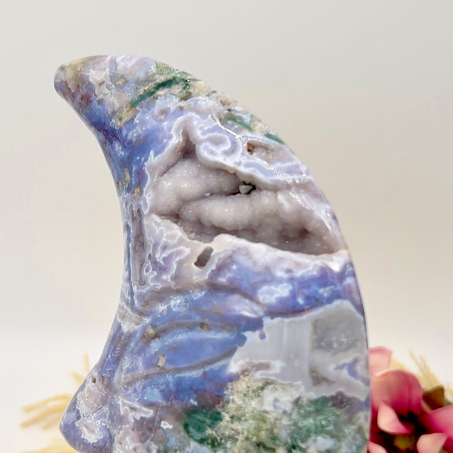 Moss Agate Moon Purple Chalcedony Rare Druzy Crystal Carving 844g 205mm