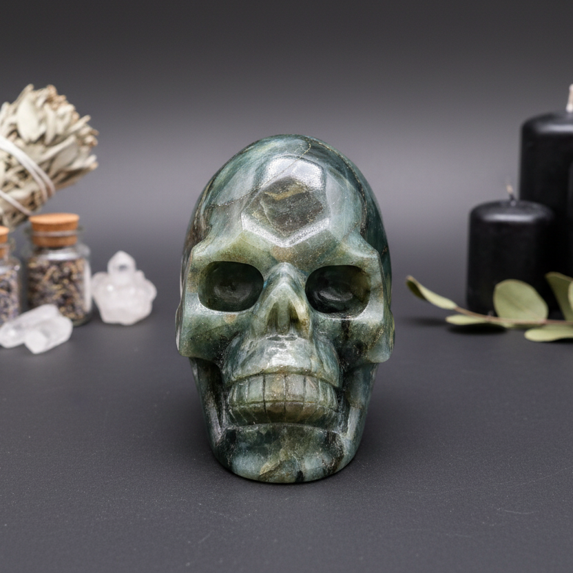 Labradorite Skull Healing Crystal Carving 1167g