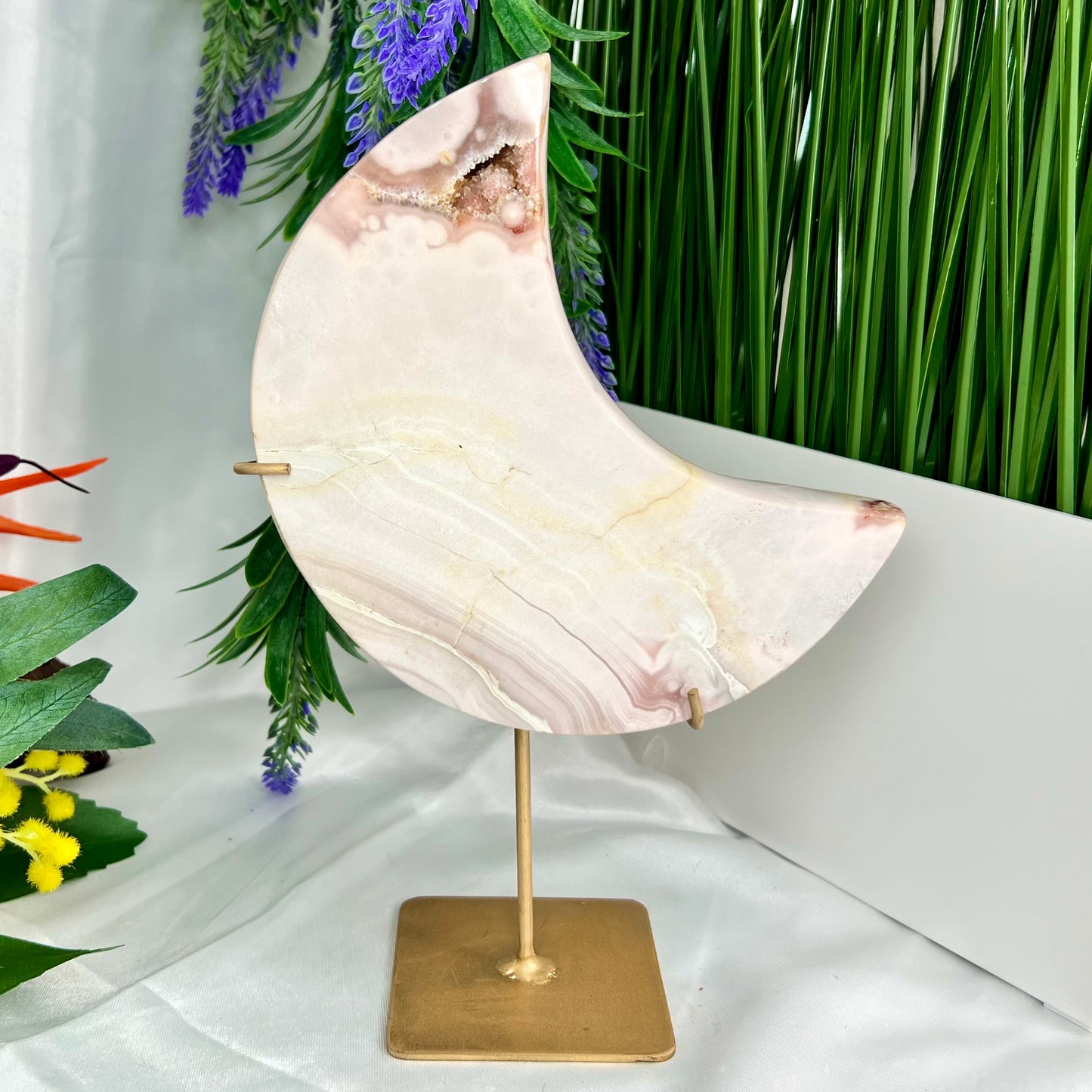 Pink Amethyst Moon Crescent with Stand Crystal Carving 1132g