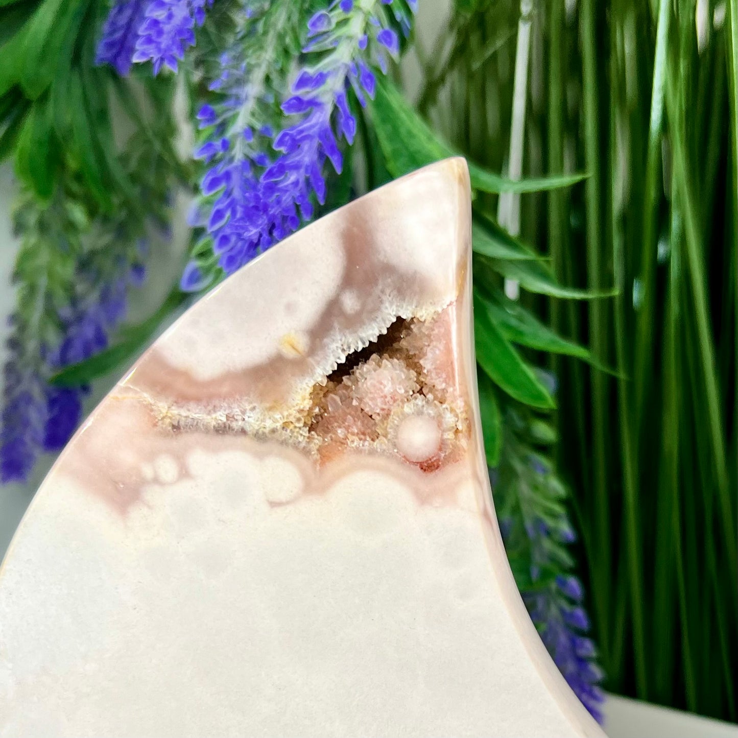 Pink Amethyst Moon Crescent with Stand Crystal Carving 1132g