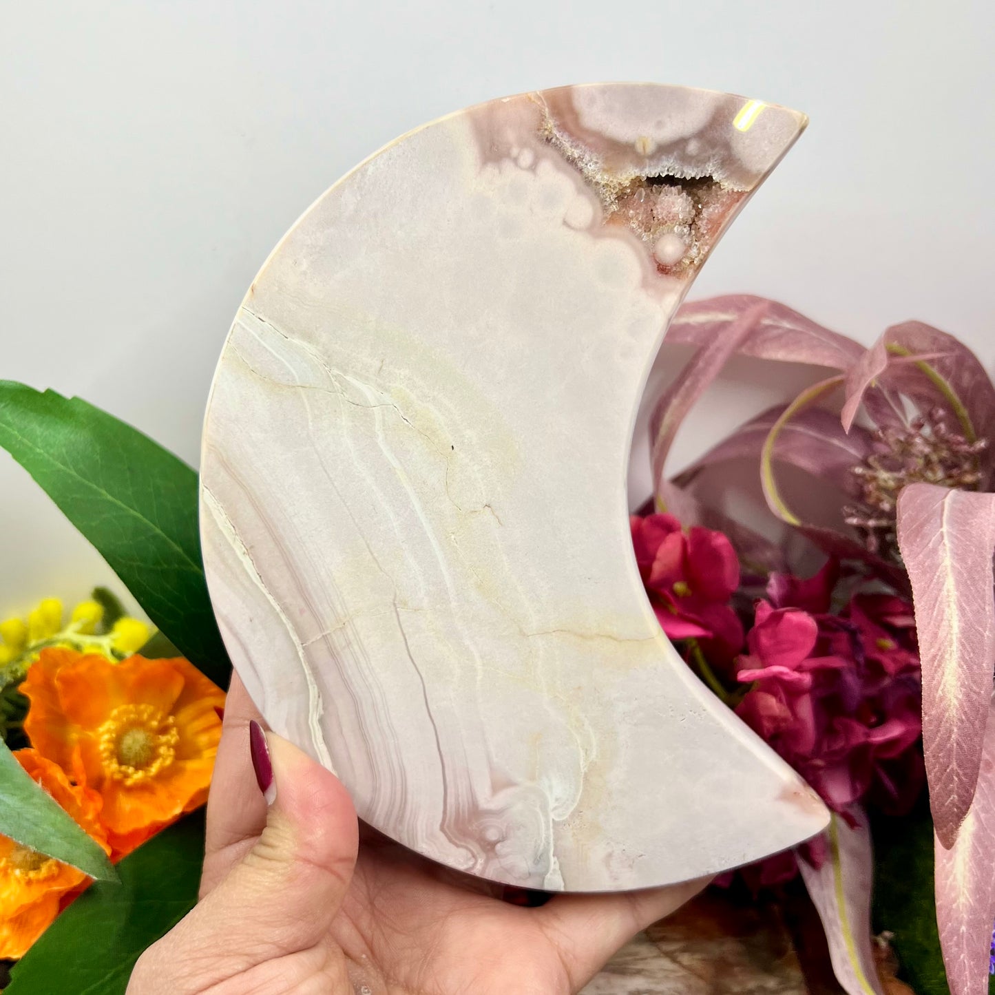 Pink Amethyst Moon Crescent with Stand Crystal Carving 1132g