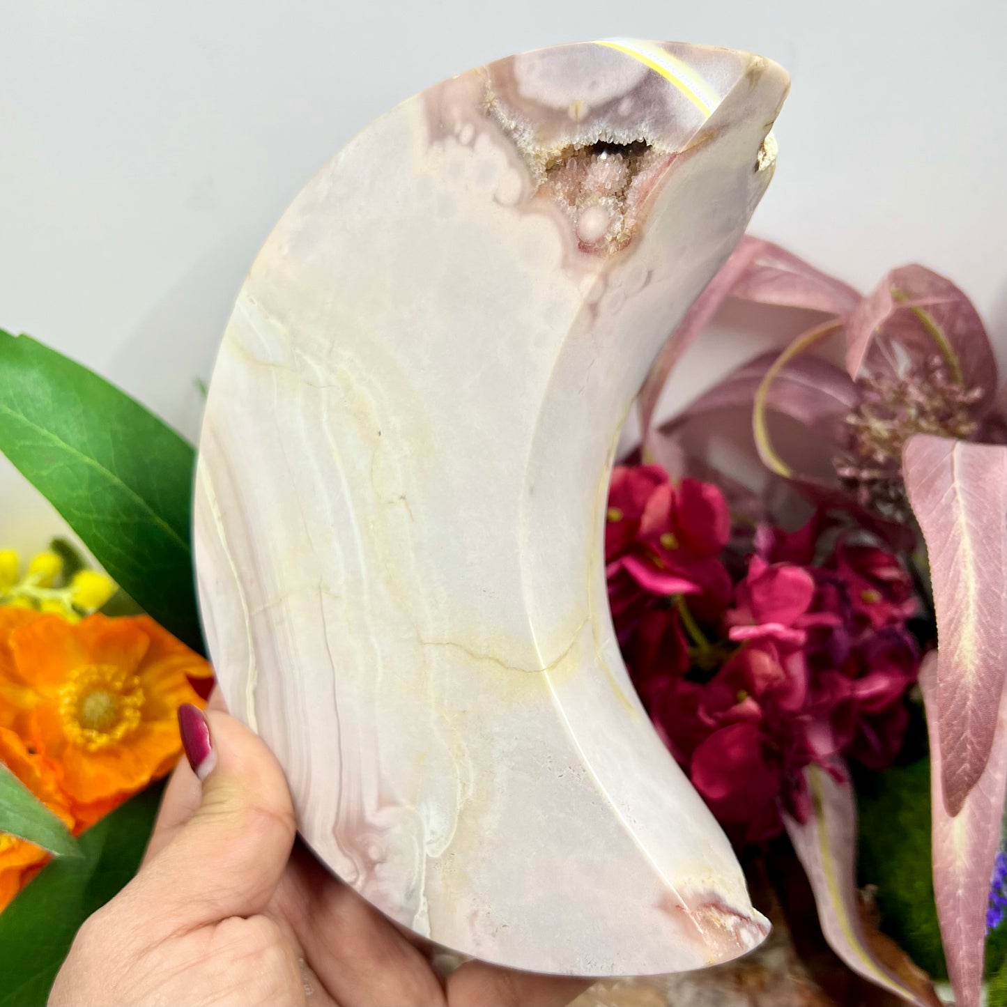 Pink Amethyst Moon Crescent with Stand Crystal Carving 1132g