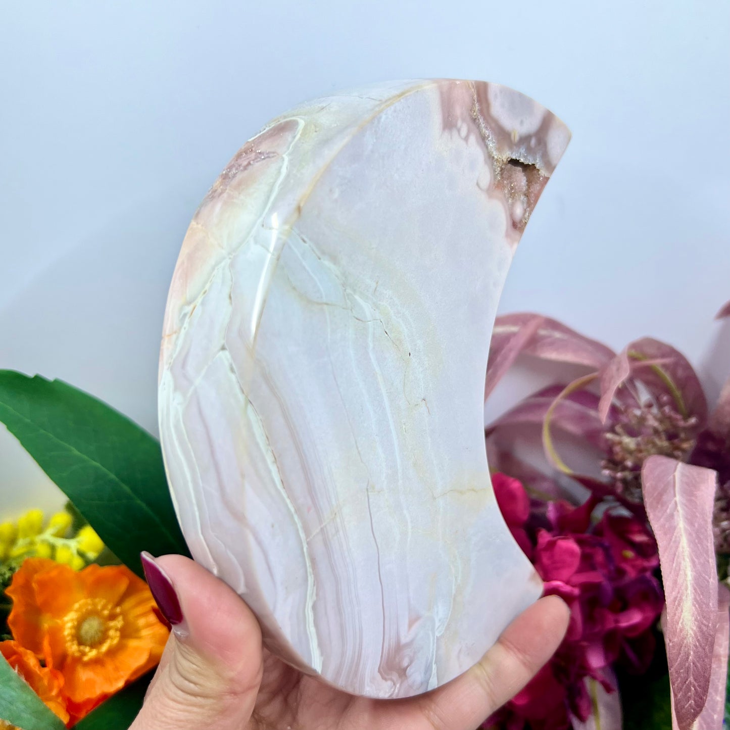 Pink Amethyst Moon Crescent with Stand Crystal Carving 1132g